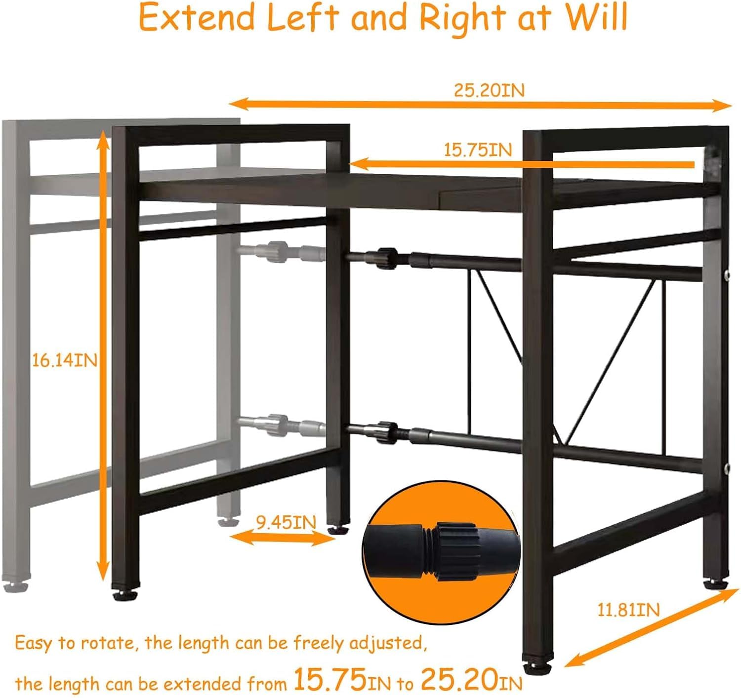 LUCKY KVW Microwave Oven Rack, Adjustable Shelf with 6 Hooks, Extendable Kitchen Microwave Stand with Storage
