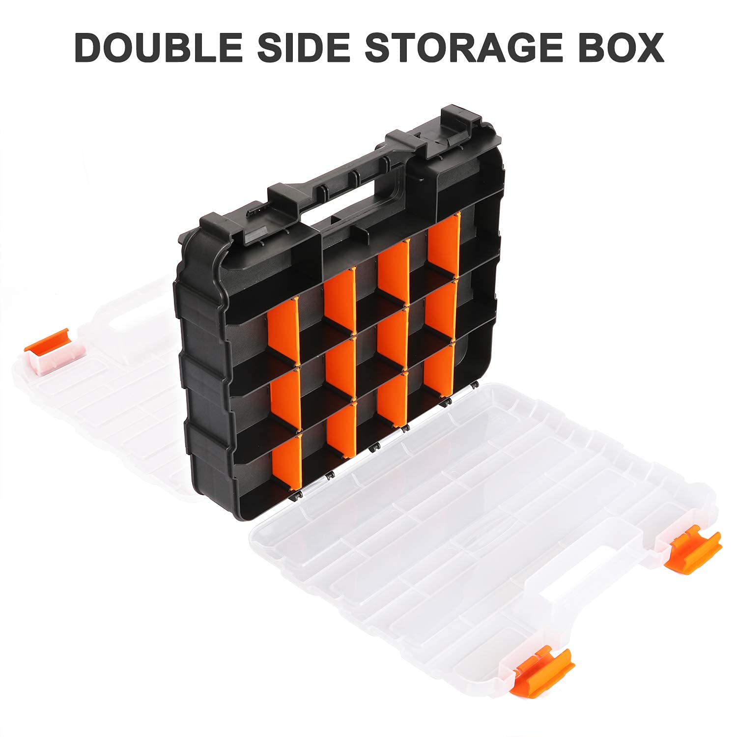Makitoyo Double Side Tools Organizer, Customizable Removable Plastic Dividers, Hardware Box Storage, Excellent for Screws,Nuts,Small Parts, 34-Compartment, Black/Orange
