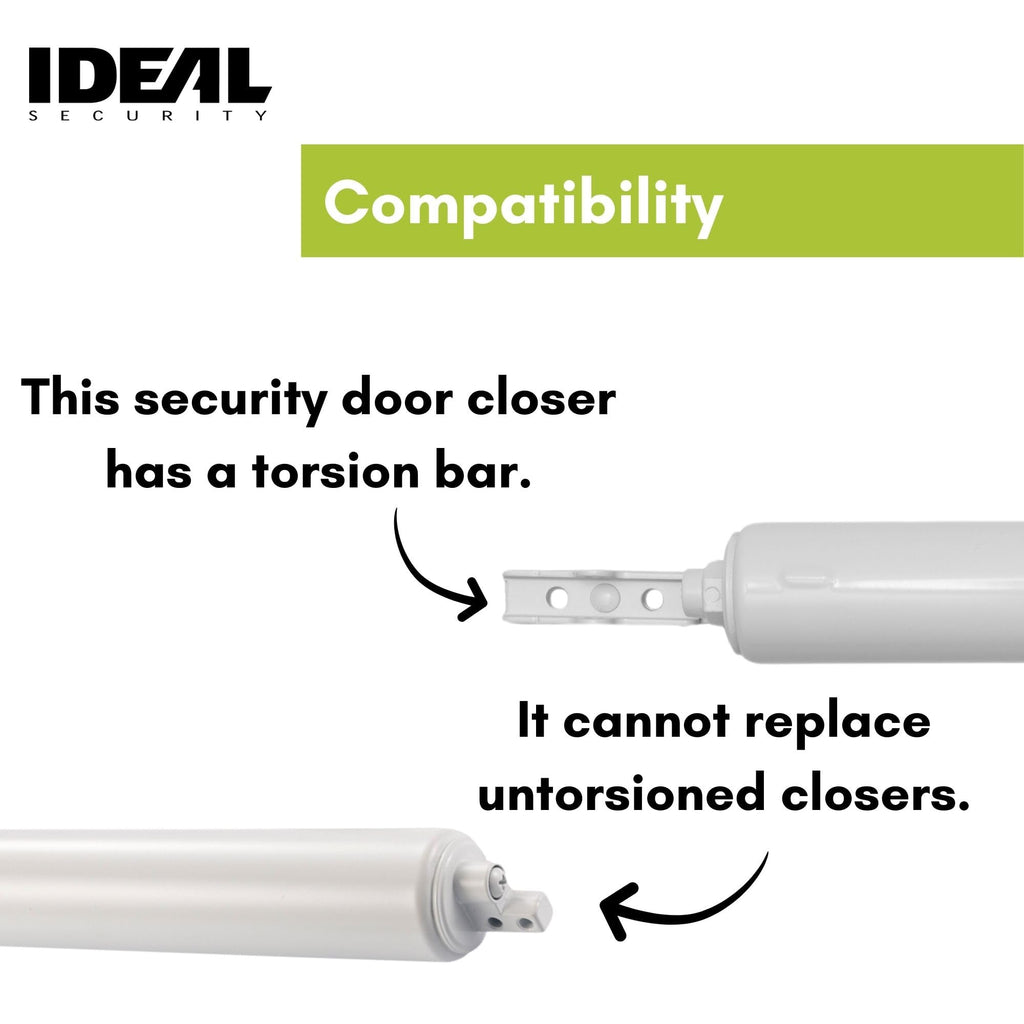 Ideal Security Model 8160 Heavy-Duty Pneumatic Storm Door Closer with Torsion Bar and Wind Chain, 10.5" L x 1.5" W, Adjustable Speed, Secure Closing, White