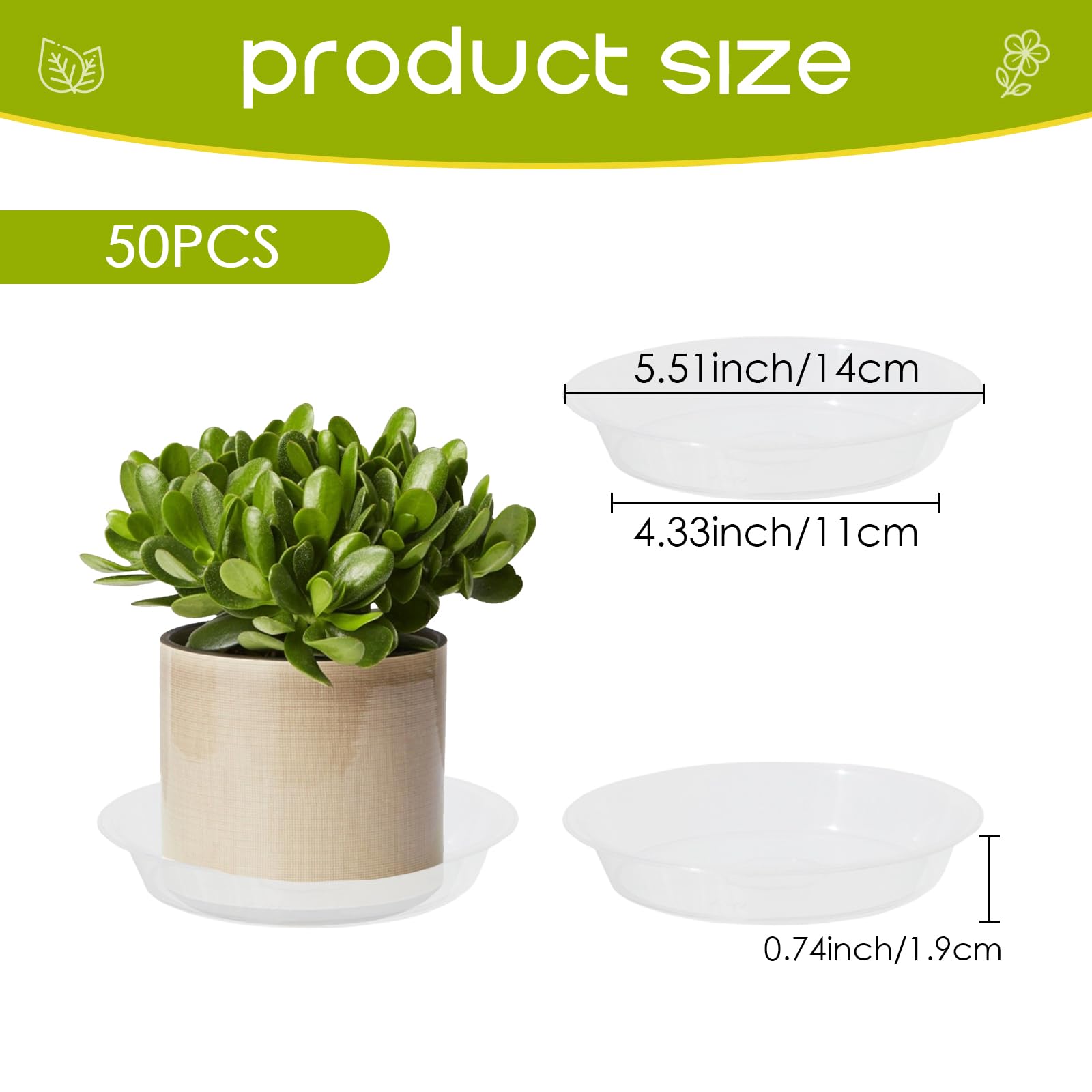 Hyuetrsa 5 Inch Plant Saucer, 50 pcs Clear Plastic Plant Trays, Plant Pot Saucers with No Holes, Round Planter Drip Tray for Indoors and Outdor Garden