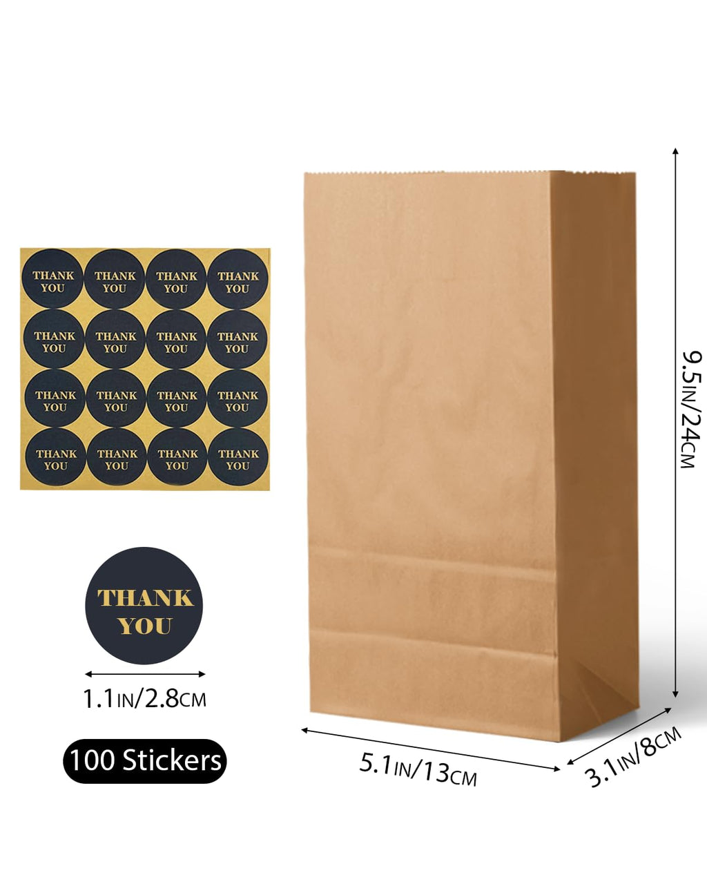 qiqee 100 Pcs Brown Treat Paper Bags with 100 Stickers 5.1"x3.1"x9.4" Kraft Small Party Gift Bag without Handle