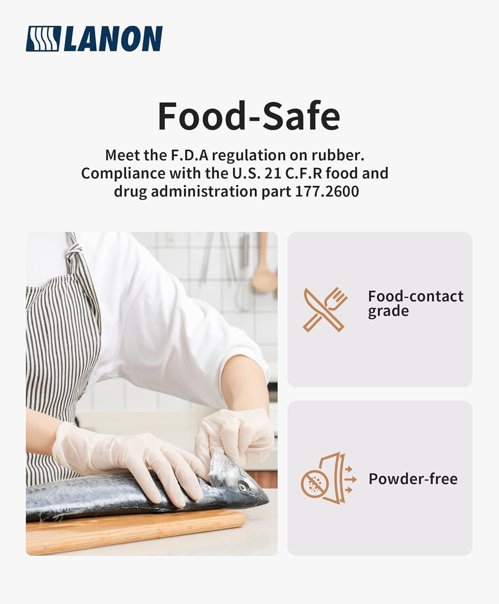 LANON 5-mil Natural Disposable Latex Gloves, Food-Contact Grade, Powder-Free, Fully Textured, for Cooking,Cleaning, Industries, White,Medium