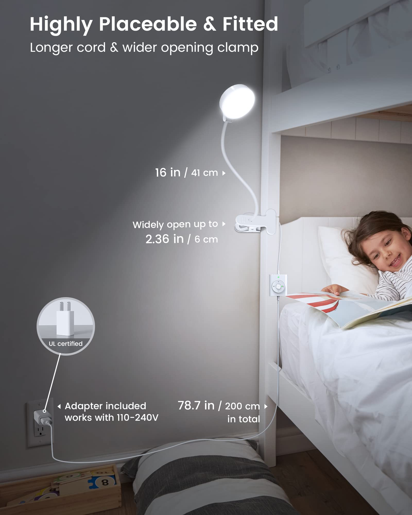 Glocusent 5W Clip on Light, 36LED Eye Caring Reading Light for Bed, 3 Colors & 5 Brightness Clip on Lamp with Adapter, Perfect Reading Light for Bed Lamp/Bunk