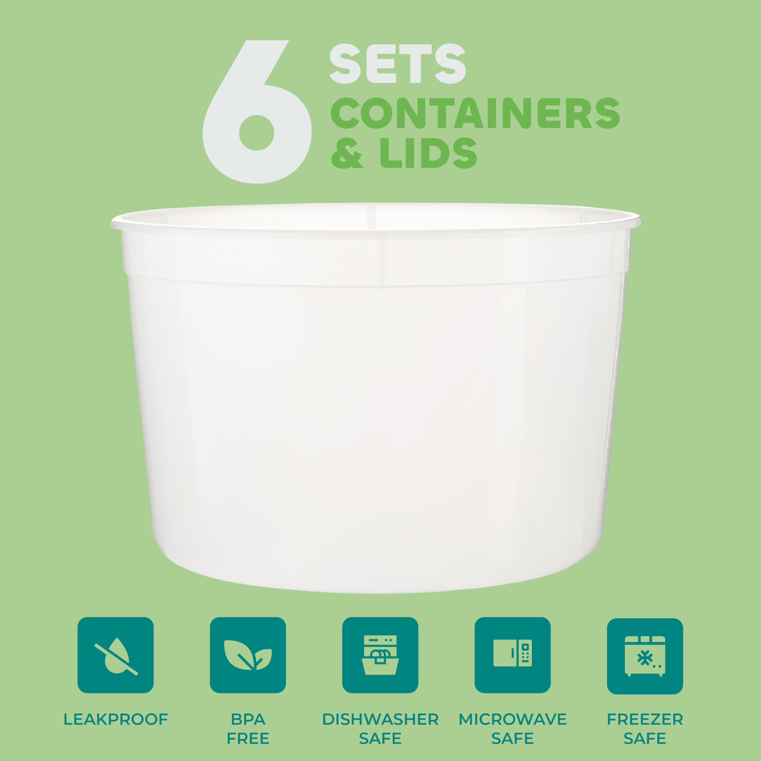 64 oz Food Storage Containers with Lids Pack of 6, Half Gallon Round Plastic Deli Container with Leak-Proof Lid, BPA-Free, Freezer, Dishwasher & Microwave Safe