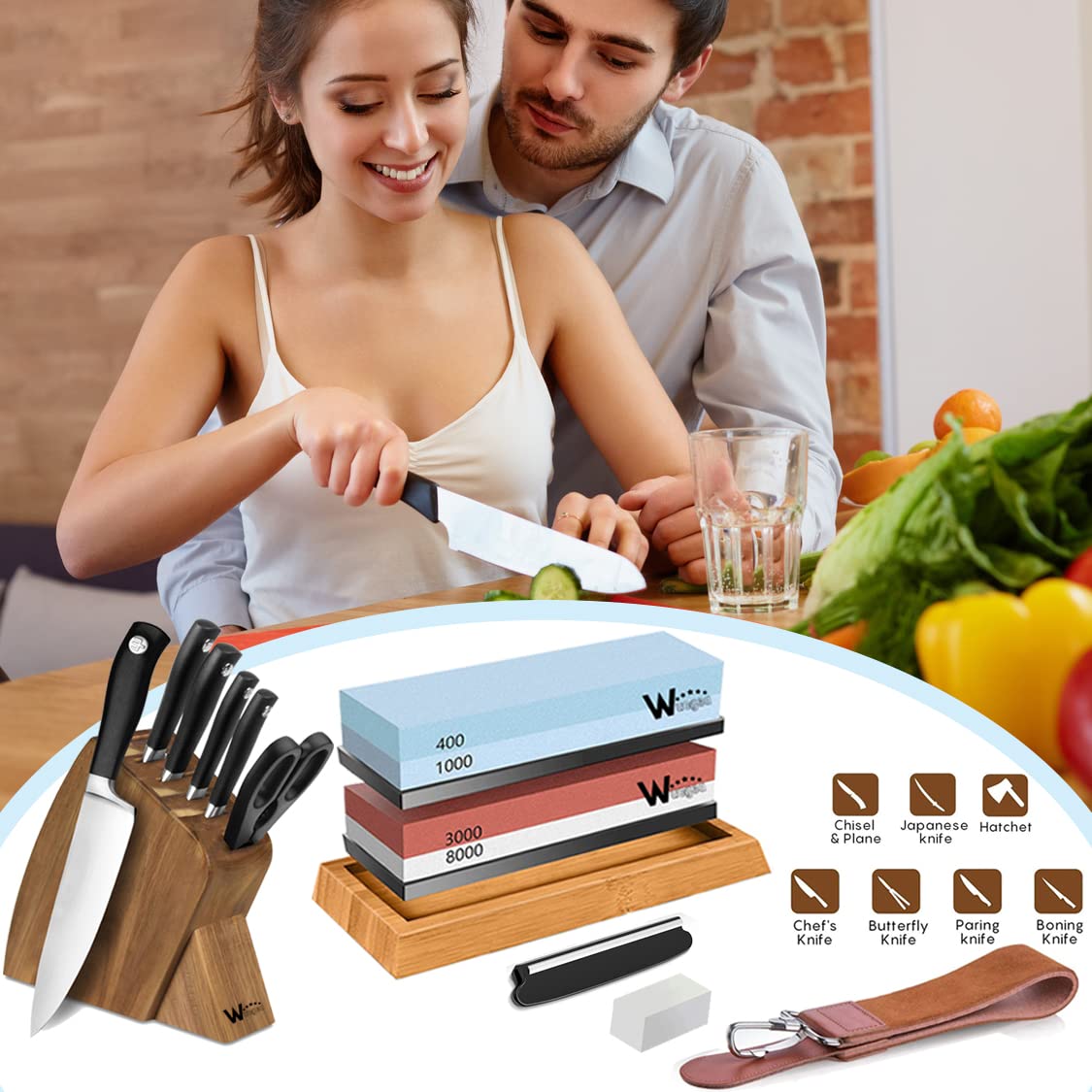 Wucgea Knife Sharpening Stone Kit - 400/1000 3000/8000 Grit Japanese Whetstone Sharpener Set with Non-Slip Rubber Base Angle Guide Flattening Stone and Leather Strop…
