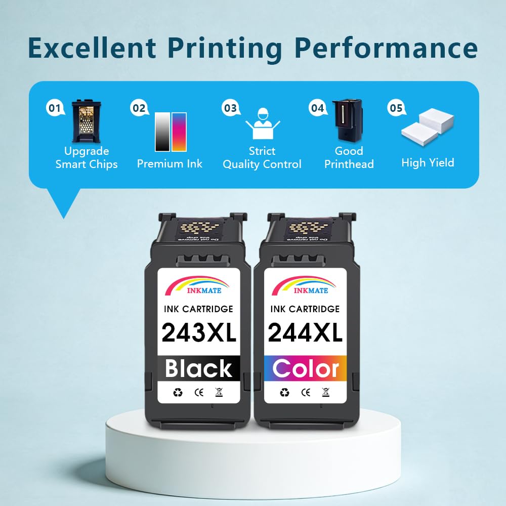 INKMATE 243XL 244XL Ink Cartridge 2 Pack Replacement for Canon Printer Ink 243 244 PG-243 CL-244 for Pixma ts3420 Ink TS3400 TR4522 MX490 MX492 TS3322 Printers (1 Black, 1 Tri-Color, 2 Pack)
