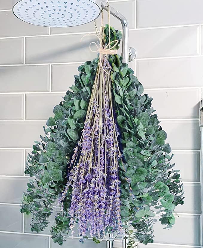115 Pcs Dried Preserved Eucalyptus Stems & Lavender Flowers Bundles for Shower, 17'' Natural Real Live Eucalyptus Leaves Greenery Hanging Lavender Shower Plant, Fragrance, Decor