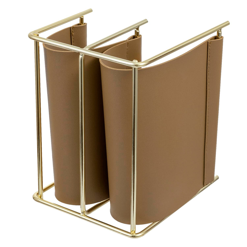 MyGift 2 Slot Modern Mail Holder, Deluxe Brass Tone Metal and Toffee Brown Leatherette Sling Entryway or Desktop Tabletop Letter Sorter