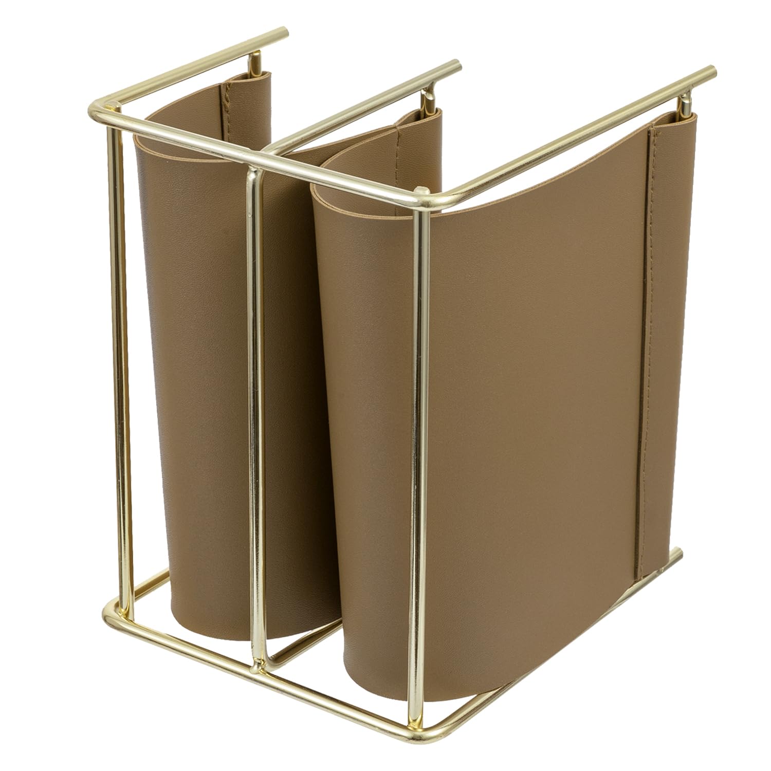 MyGift 2 Slot Modern Mail Holder, Deluxe Brass Tone Metal and Toffee Brown Leatherette Sling Entryway or Desktop Tabletop Letter Sorter