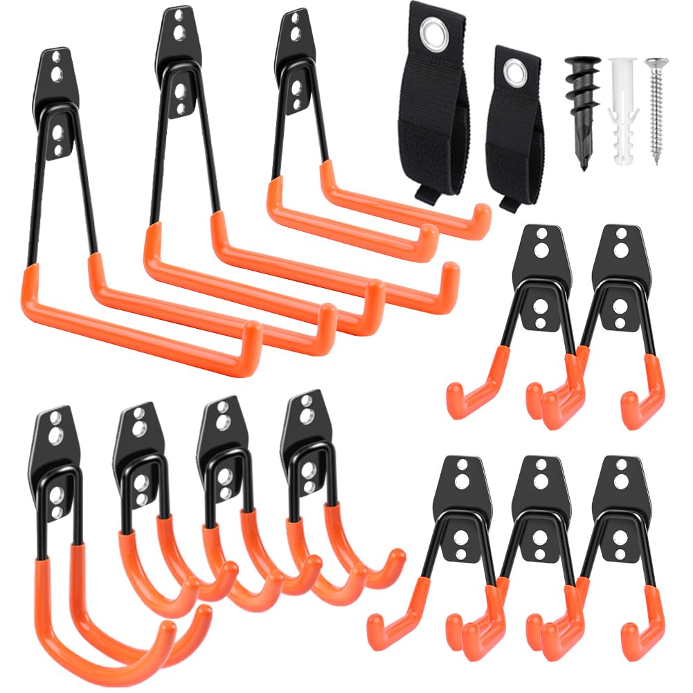 Garage Hooks Heavy Duty 14 Pack, Steel Garage Storage Hooks, Tool Hangers for Garage Wall Utility Wall Mount Hooks and Hangers with Anti-Slip Coating for Garden Tools, Ladders, Bulky Items