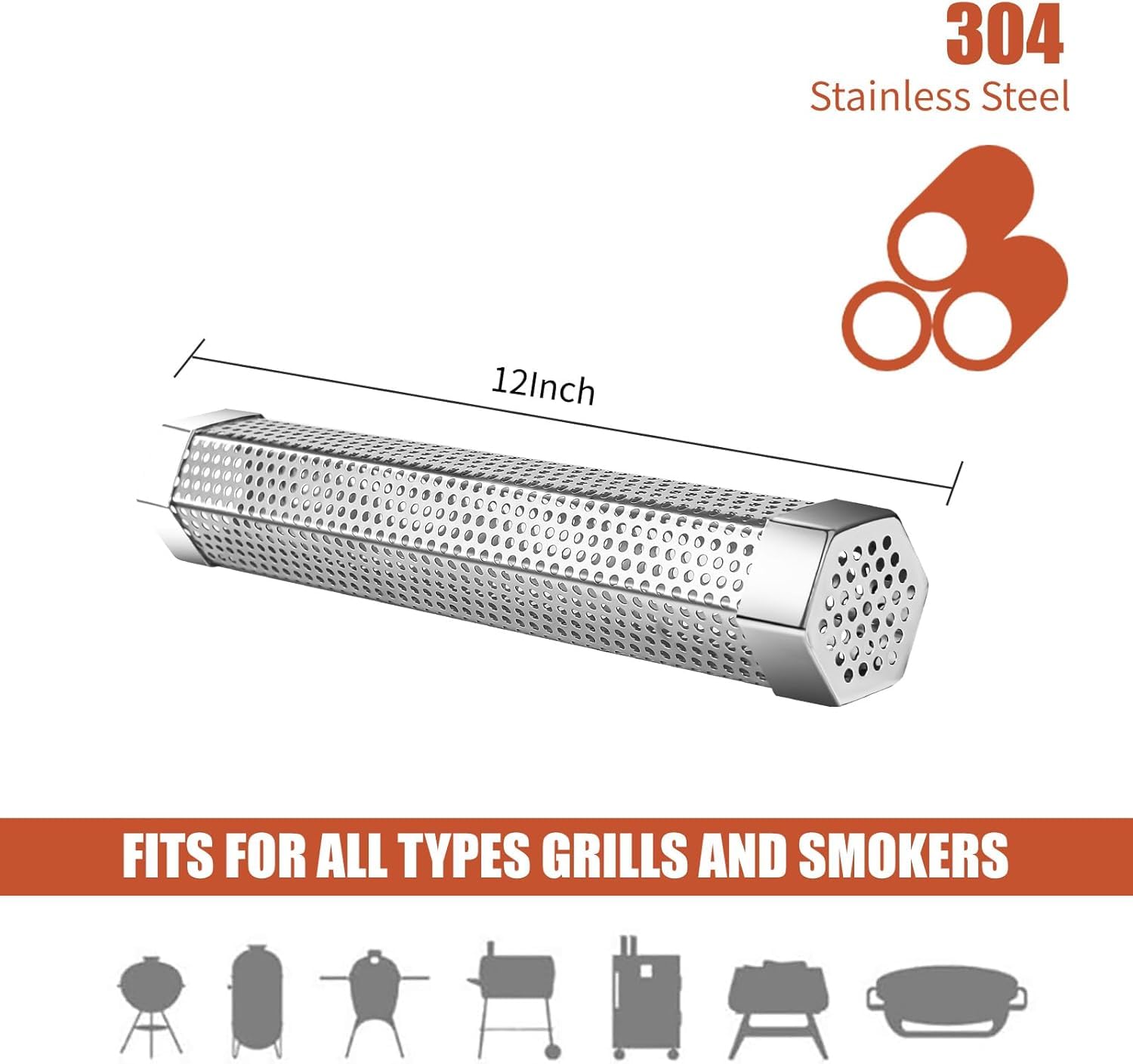 Smoke Tube for Pellet Smoker, 12'' Stainless Steel Pellet Smoker Tube for Cold/Hot Smoking, 5 Hours of Billowing Smoke, Fits All Grill or Smoker, Improved Hexagon Design