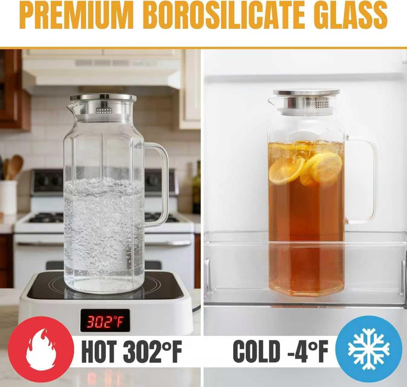 2 Pack 2 Liters/68 oz Octagon Glass Water Pitcher with Lid and Spout, Water Pitchers with Handle for Fridge, Borosilicate Glass Carafe for Hot/Cold Drink, Extra Large Jug for Iced Tea, Coffee.