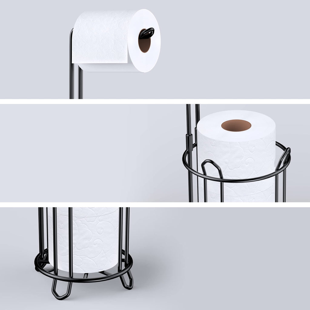 Meangood Toilet Paper Holder Stand and Tissue Paper Roll Dispenser for 4 Mega Rolls, Bathroom Free Standing Tissue Roll Storage Holder Rack, Metal (Black1)
