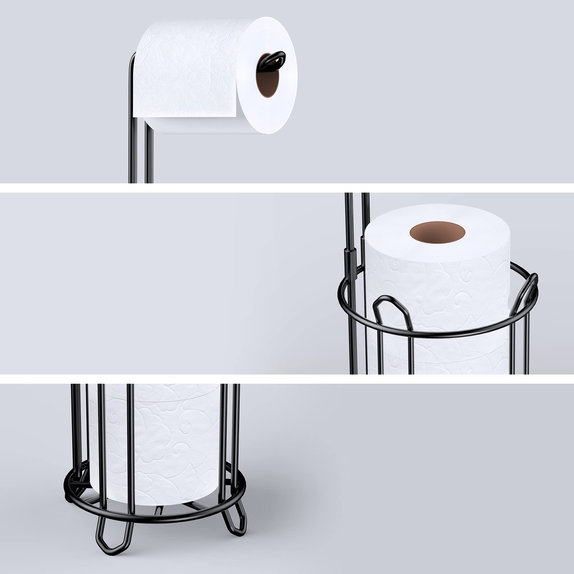 Meangood Toilet Paper Holder Stand and Tissue Paper Roll Dispenser for 4 Mega Rolls, Bathroom Free Standing Tissue Roll Storage Holder Rack, Metal (Black1)