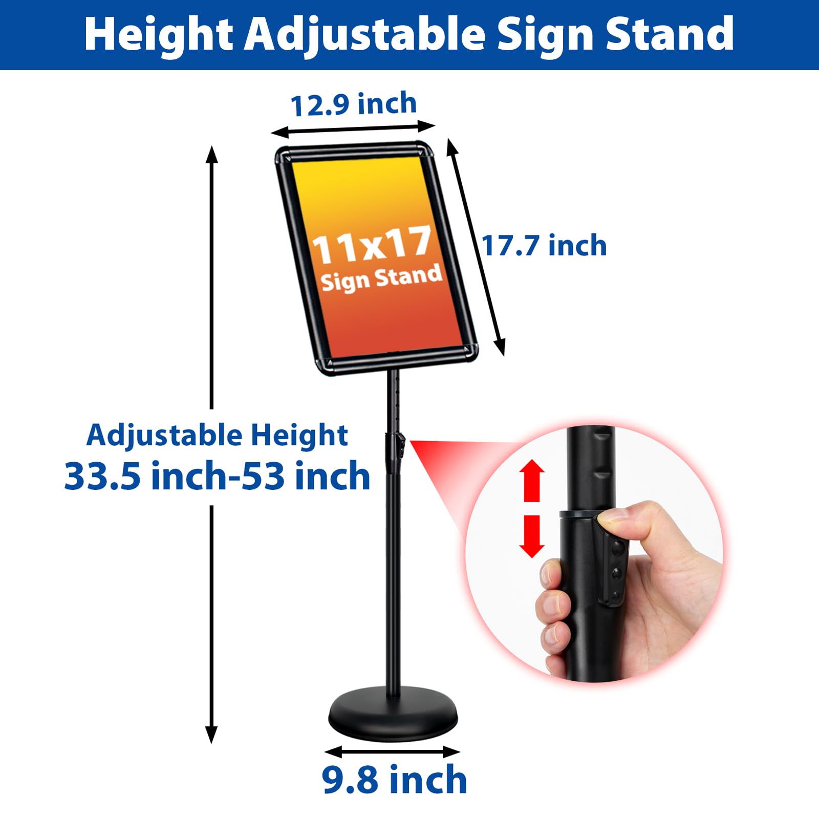VAIIGO 8.5x11 Inch Adjustable Pedestal Poster Sign Stand, Heavy Duty Floor Standing Sign Holder Stand Aluminum Snap Open Frame for Vertical and Horizontal View Sign Displayed (Black, Round)