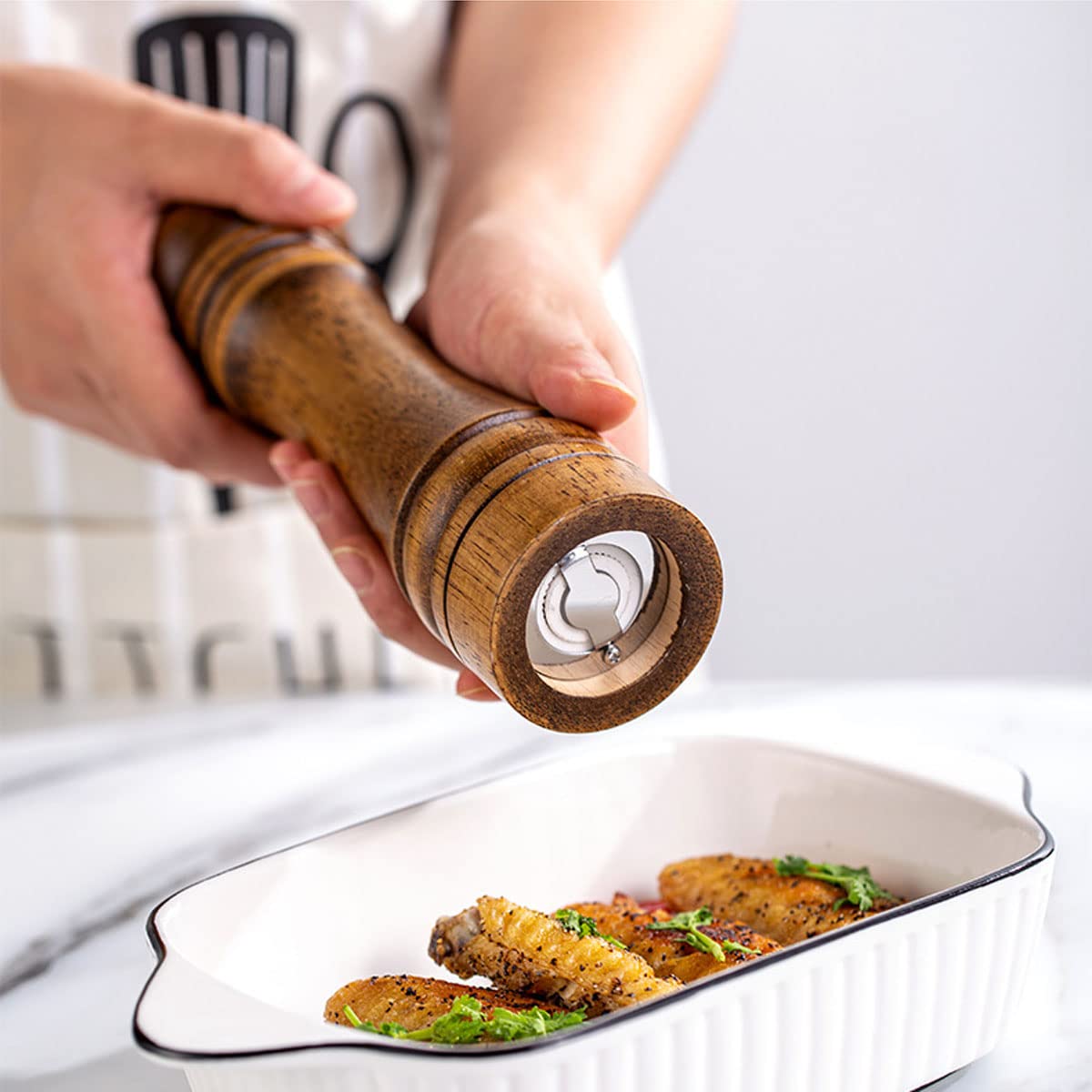 BINHAI Wooden Pepper Mill Pepper Grinder Kit Manual Mills Solid with Strong Adjustable Ceramic Grinders Set 8 Inches