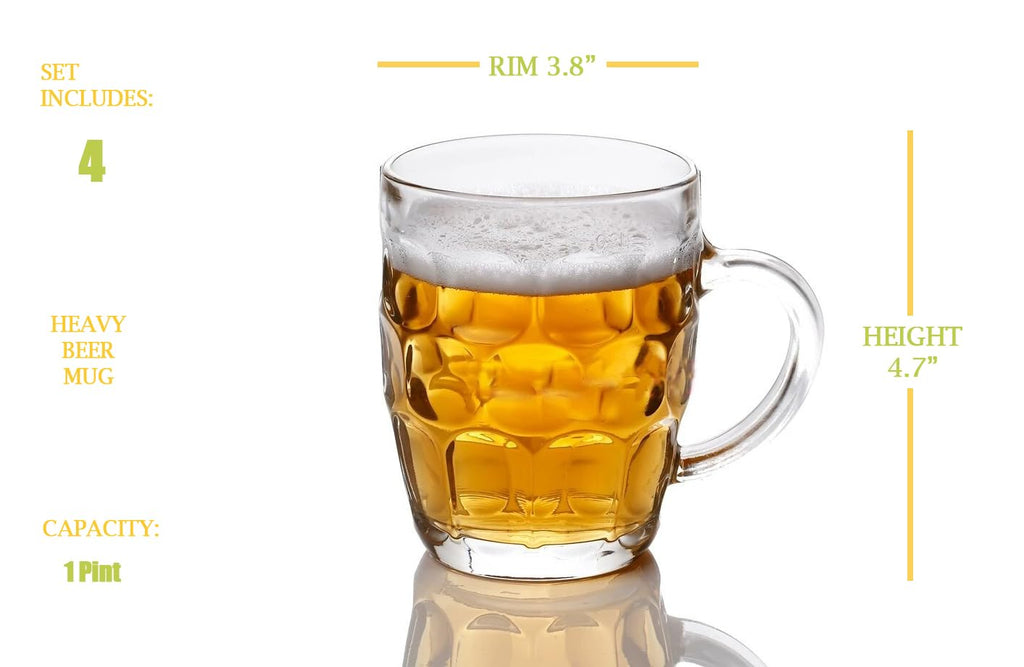 BothEarn 1 Pint Dimpled Beer Mug Set of 4 - Heavy British Pub Thick Glass with Handle - Stein Cup for Beer Lover in Home Party BBQ