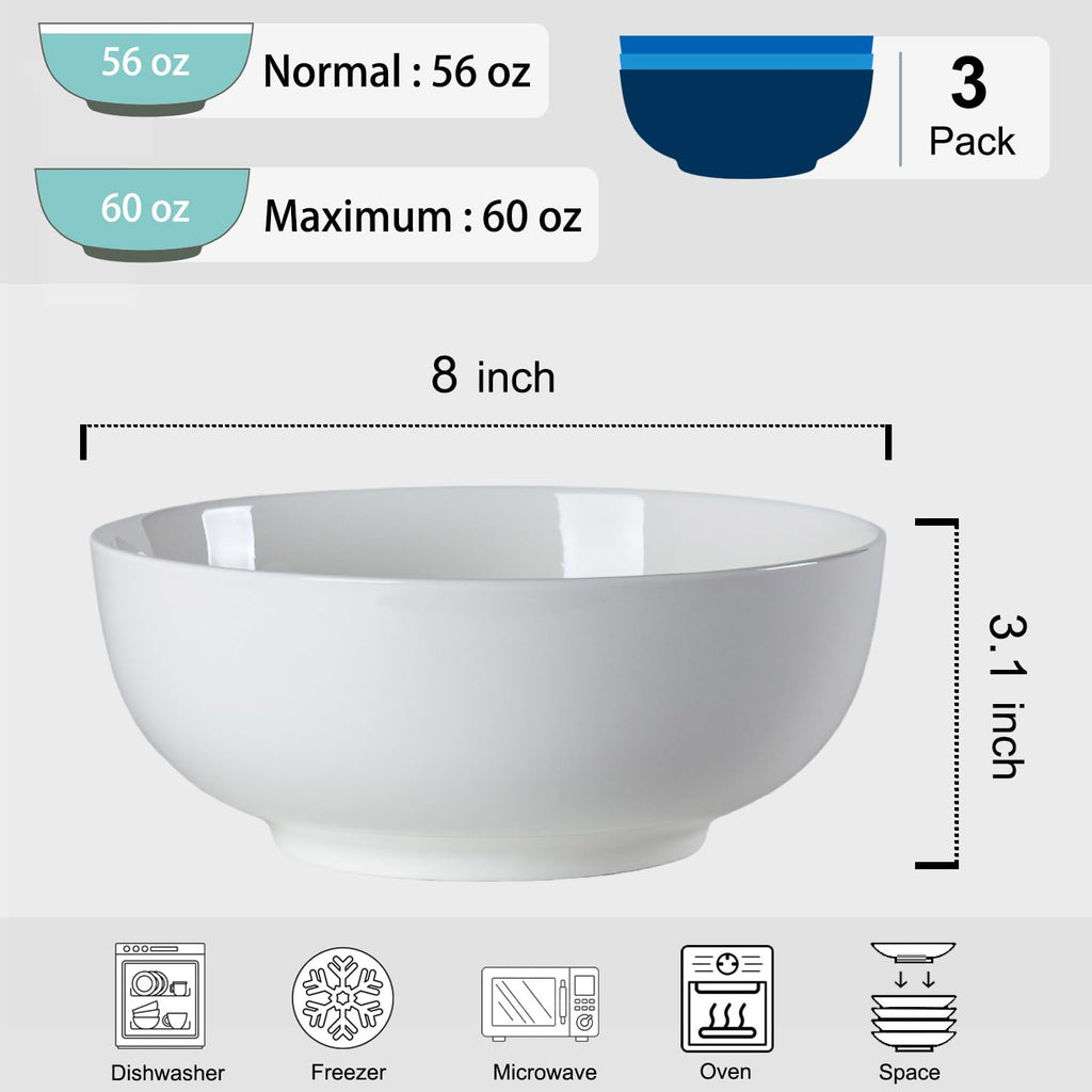 Dyware 60 oz Large Soup Bowl, Pho Bowls, 8-Inch Off-White Porcelain Bowls Set of 3, Perfect for Hearty Meals and Serving