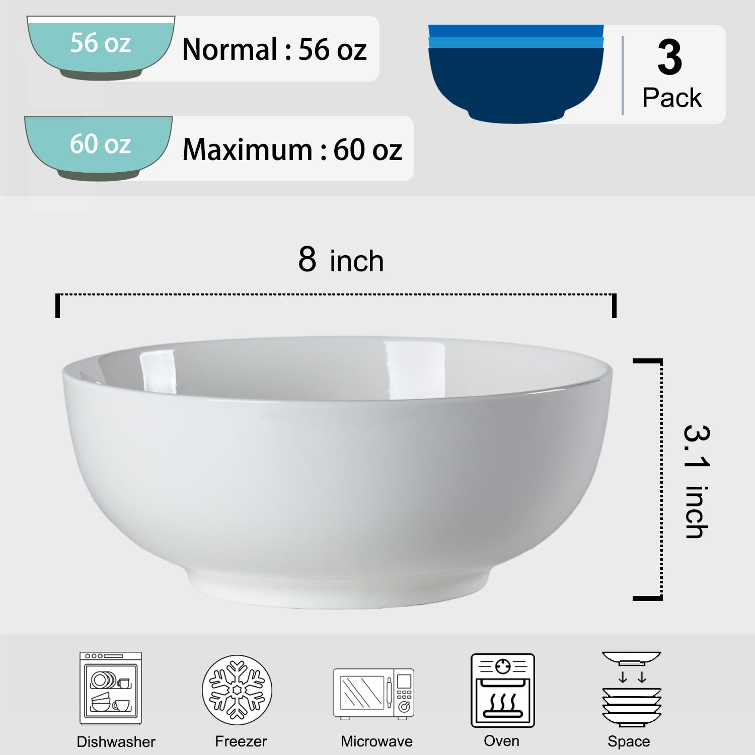 Dyware 60 oz Large Soup Bowl, Pho Bowls, 8-Inch Off-White Porcelain Bowls Set of 3, Perfect for Hearty Meals and Serving