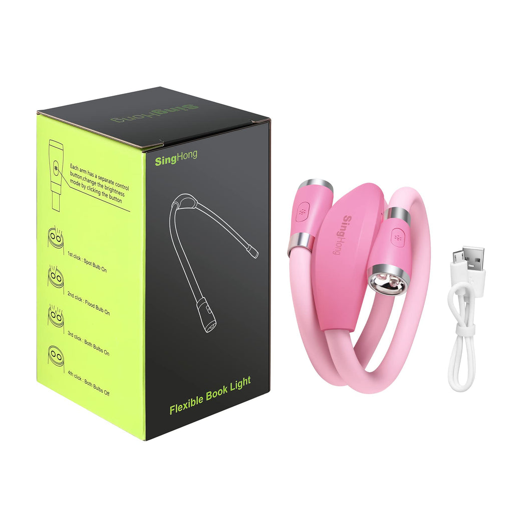 SingHong LED Neck Light, Book Light, Reading Lamp, USB-C Rechargeable, Hands Free, 4 LED Bulbs, 4 Adjustable Brightness, for Knitting, Crafting, Crochet and Reading in Bed (Pink)