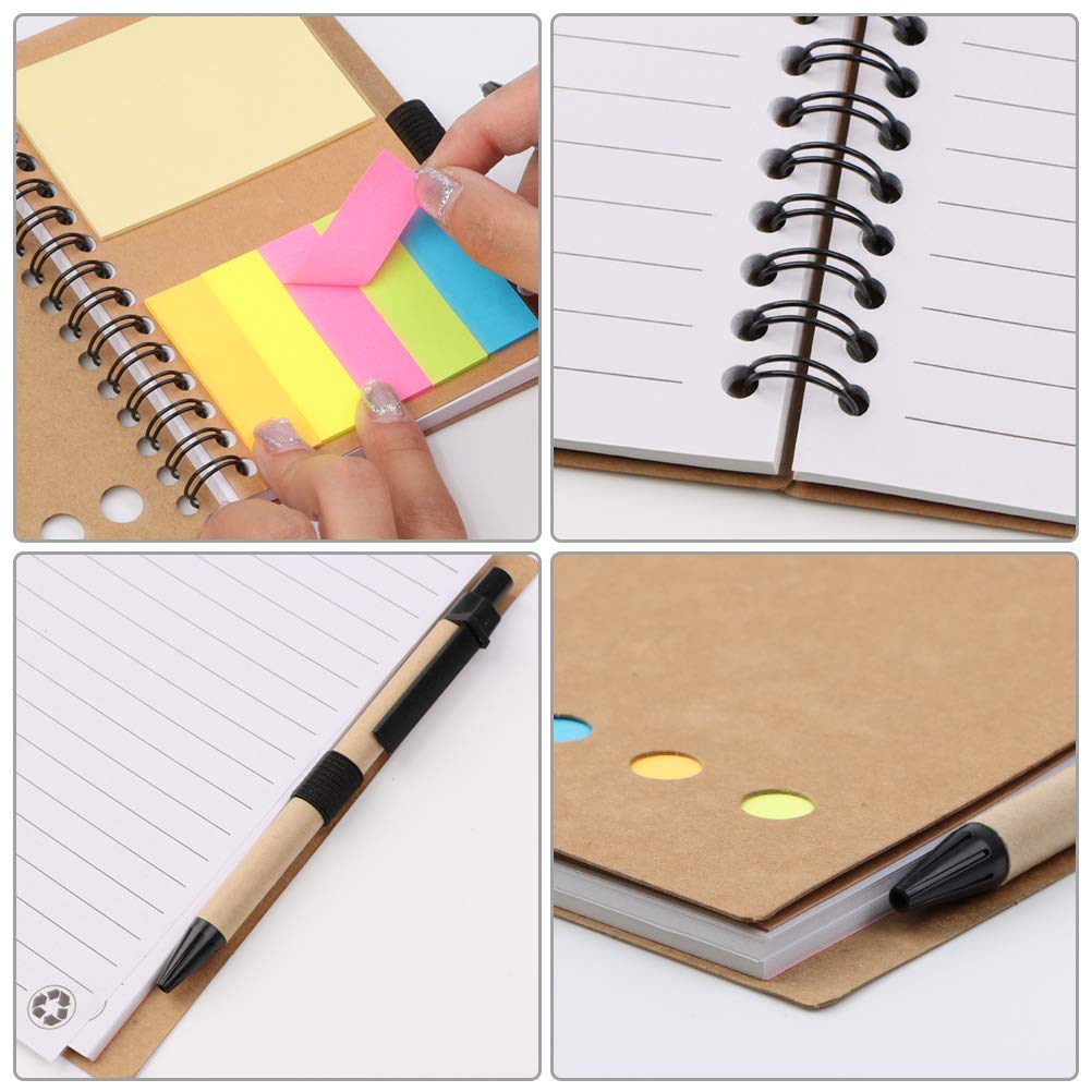 6PCS Lined Spiral Notebook Kraft Paper Cover Notepad with Pen in Holder, Memo Notebook with Sticky Notes Colored Index Tabs Notebook Pen Tab for Adult, Kids, Home, Office, School