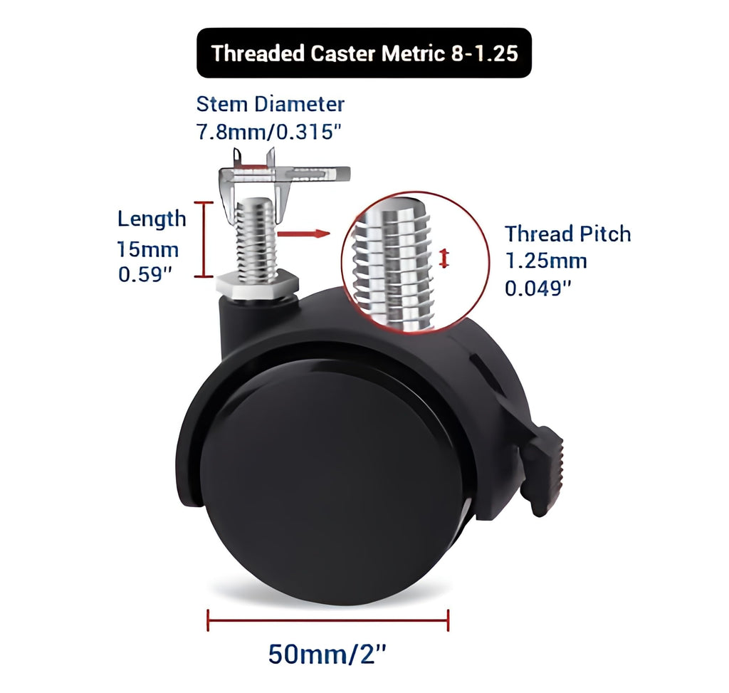 Guildrey Threaded Caster, M8-1.25 Swivel Stem for Replacement, Set of 4 Office Chair Wheels Twin Caster Wheels with Locking Brake