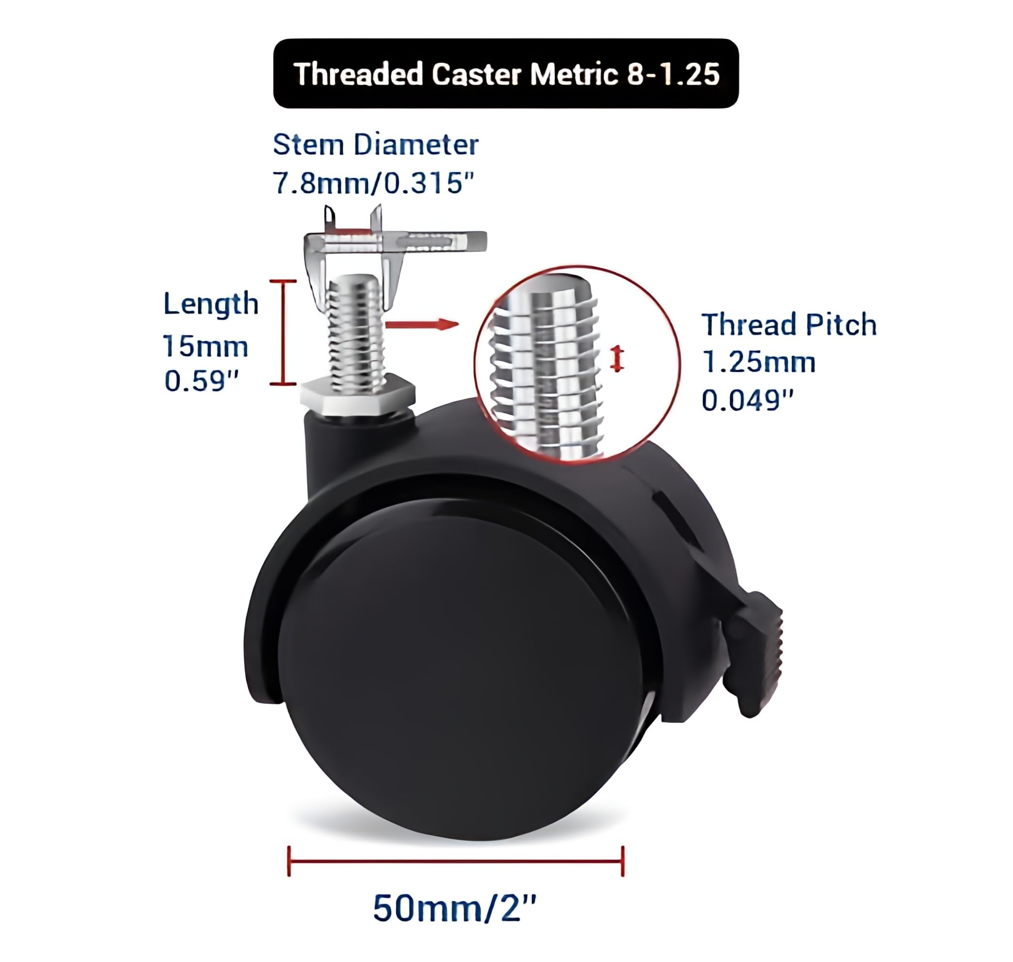 Guildrey Threaded Caster, M8-1.25 Swivel Stem for Replacement, Set of 4 Office Chair Wheels Twin Caster Wheels with Locking Brake