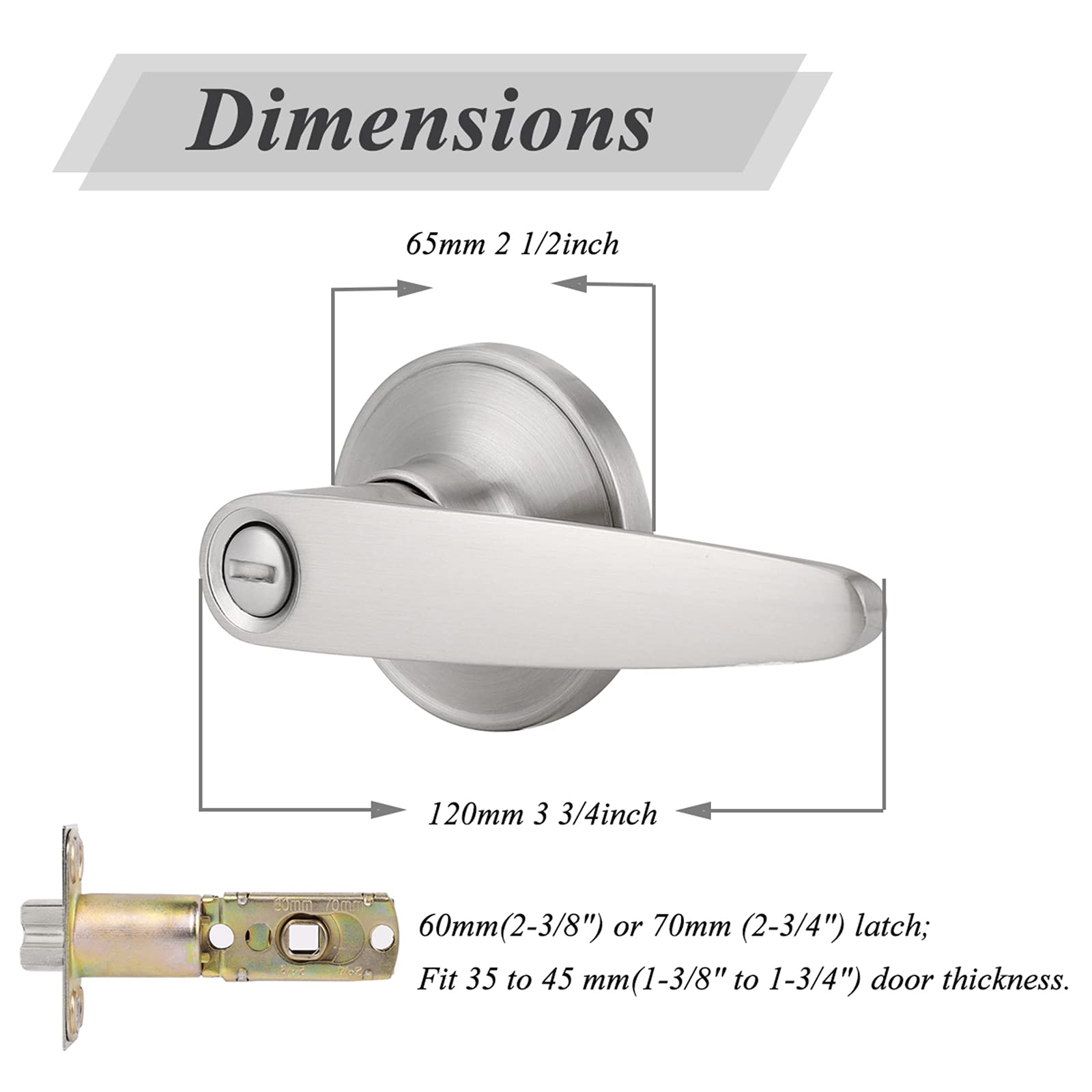 Probrico Satin Nickel Privacy Door Lever Keyless Interior Bed/Bath Door Handle, Reversible for Right & Left for Bathroom or Bedrooms, 1 Pack