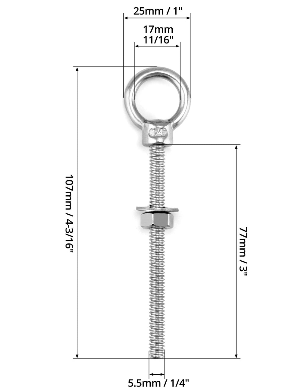 QWORK 10 Pack Eye Bolt, T316 Stainless Steel Marine Grade Threaded Eyebolts, 1/4"x3" Lifting Ring Threaded Eyebolts with Nuts Washers