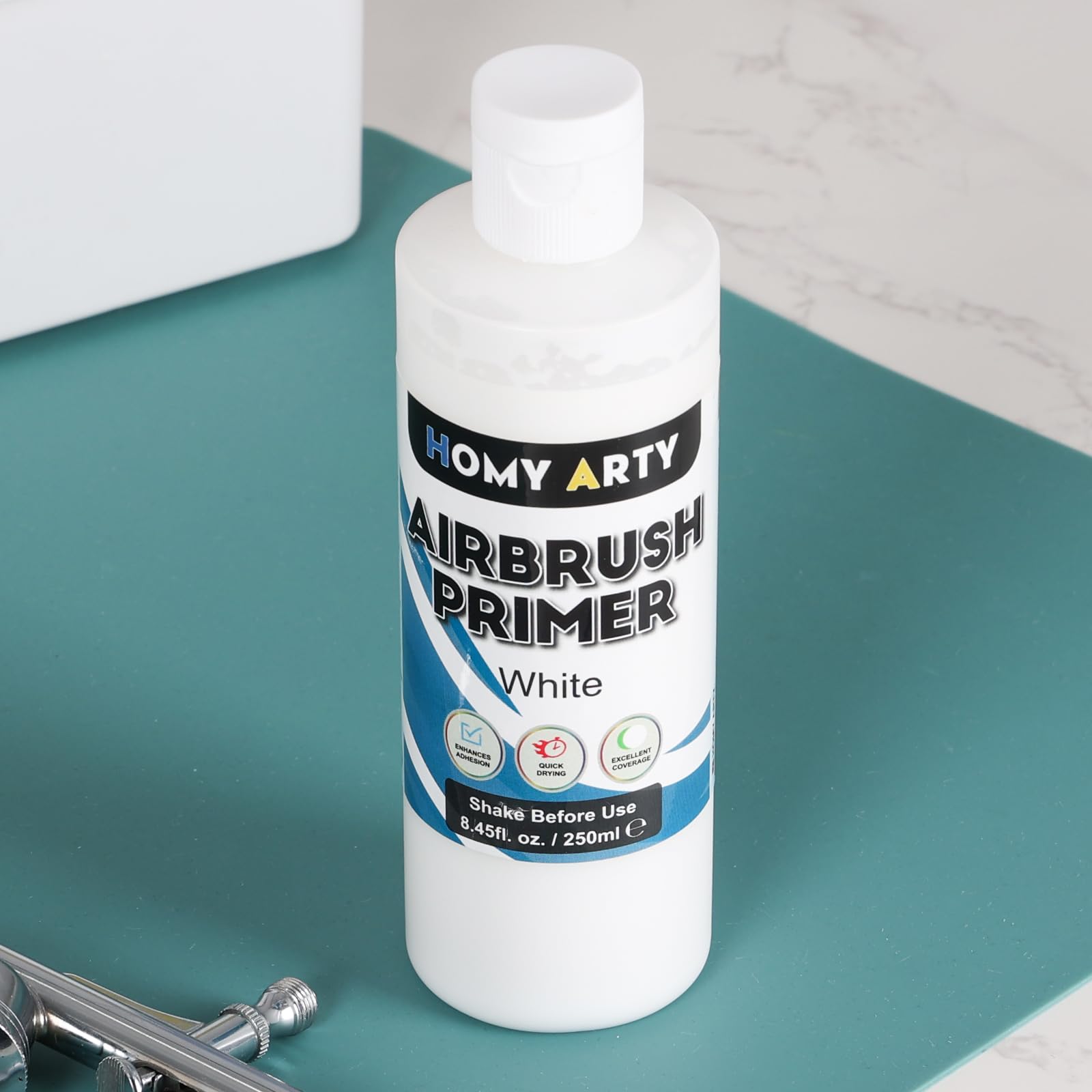 HOMY ARTY White Airbrush Primer - Acrylic Primer for Airbrush, 8.45 fl.oz. Quick-Drying Matte Finish Paint, for Acrylic Paint with Excellent Adhesion to Plastic Models, Metal, Canvas