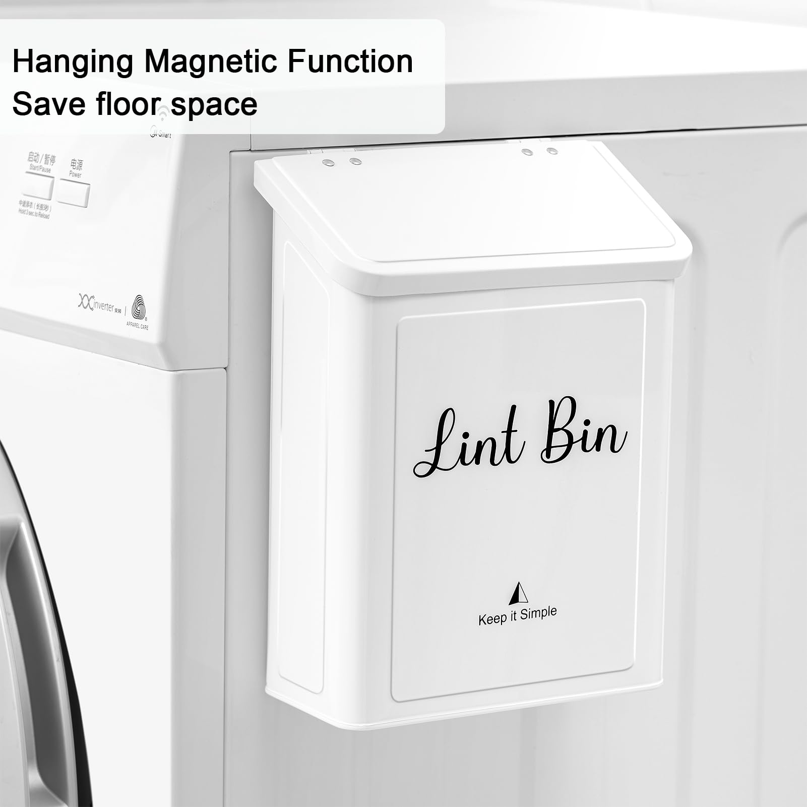 SUBEKYU Metal Magnetic Lint Bin for Laundry Room, Wall Mounted Lint Box Holder Trash Can with Lid for Dryer (White)