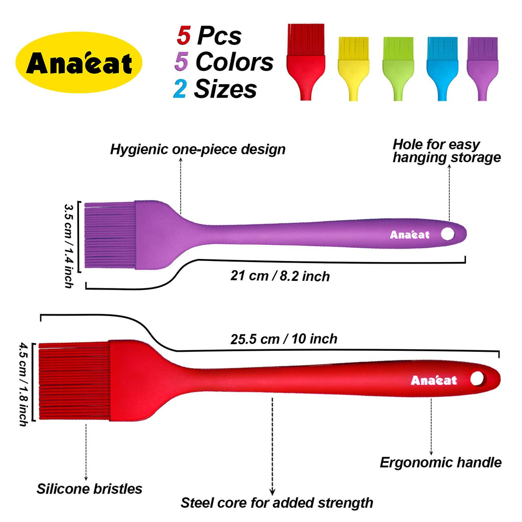 Anaeat High Heat Resistant Silicone Basting Pastry Brush Set of 5 - Hygienic One-Piece Design Spread Oil Butter for BBQ Grill Barbecue Baking Kitchen Cooking - BPA Free & Dishwasher Safe (10"+8")