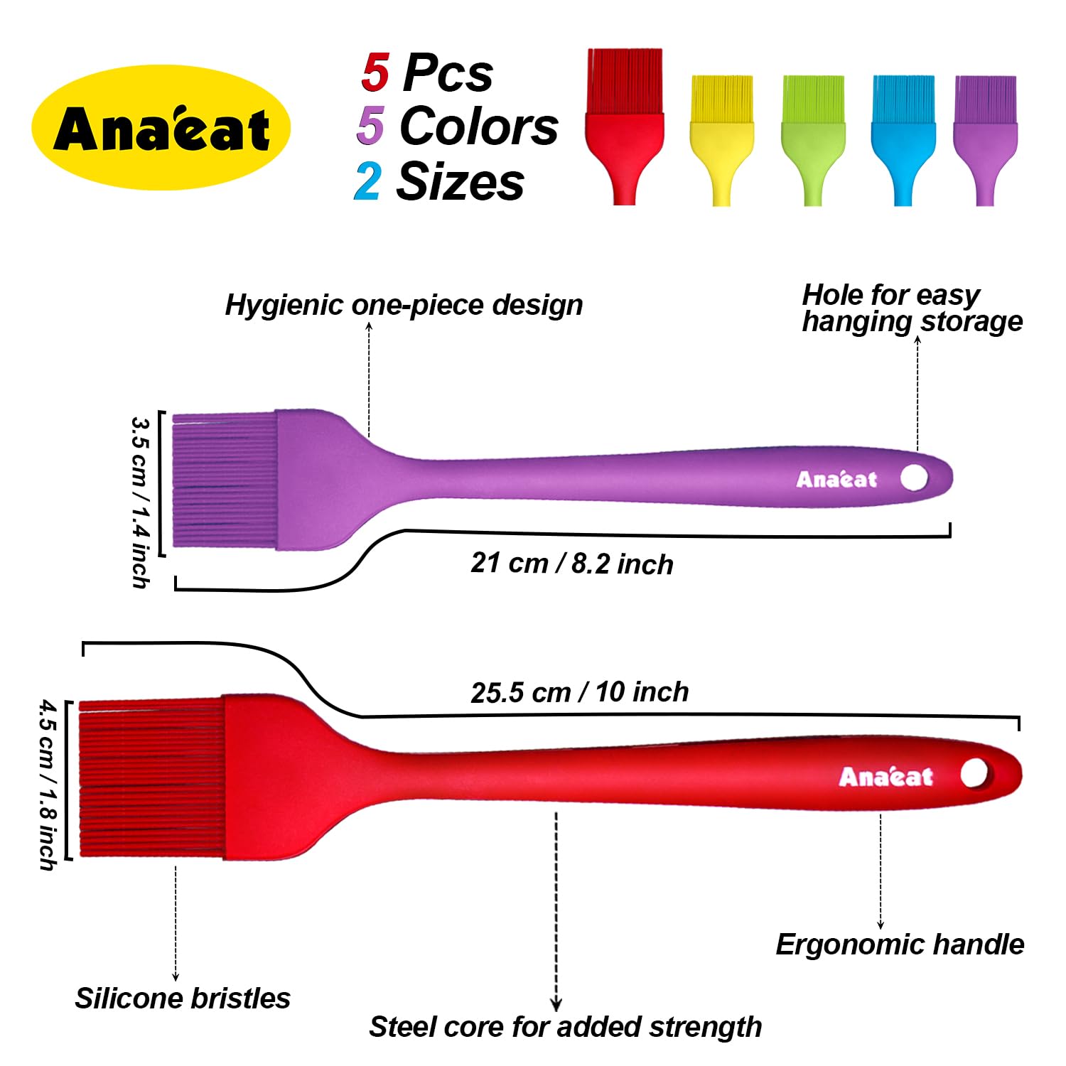 Anaeat High Heat Resistant Silicone Basting Pastry Brush Set of 5 - Hygienic One-Piece Design Spread Oil Butter for BBQ Grill Barbecue Baking Kitchen Cooking - BPA Free & Dishwasher Safe (10"+8")