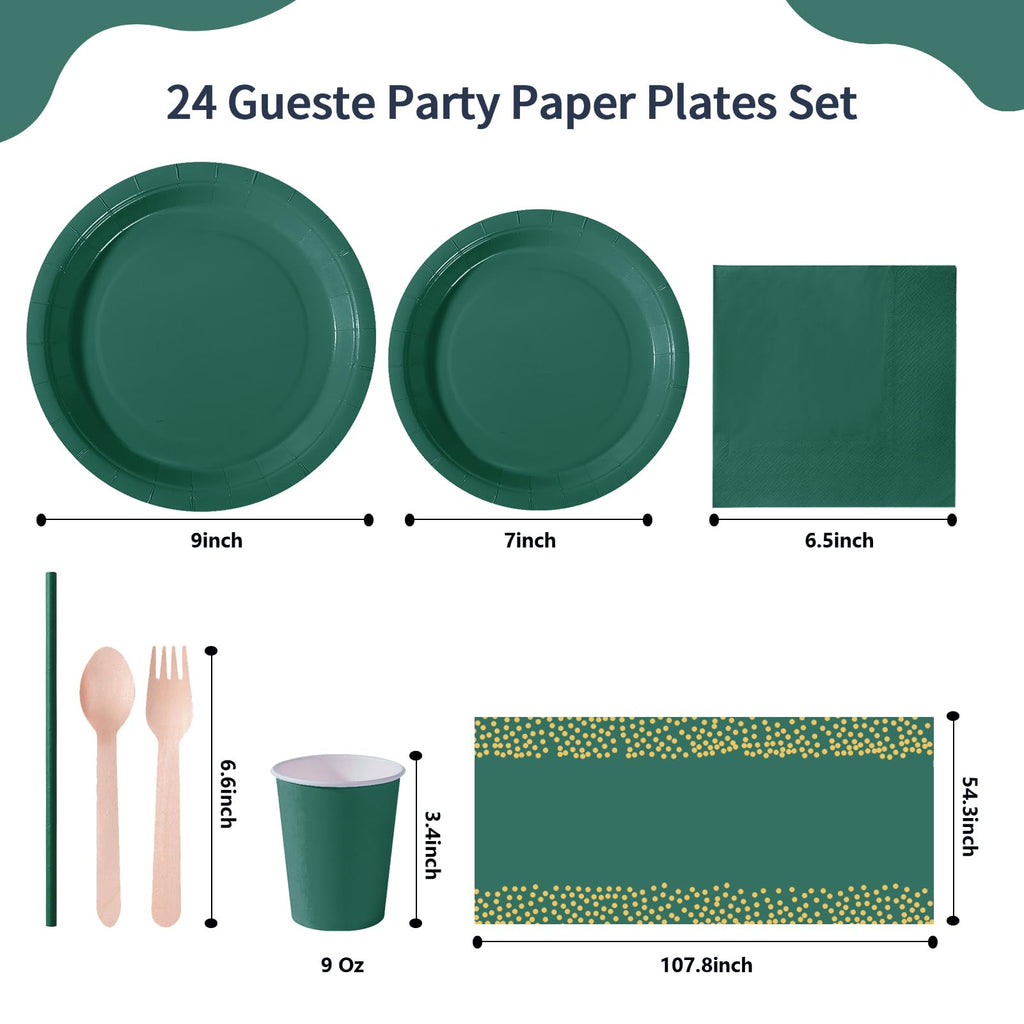 PYAILI 169 Pcs Deep Green Party Tableware Set, Paper Plates Cups Napkins Tablecloth, Dinnerware Set for Kids Adult Birthday,Wedding,Baby Shower Party Tableware