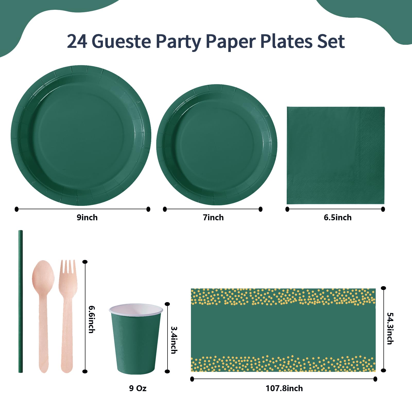 PYAILI 169 Pcs Deep Green Party Tableware Set, Paper Plates Cups Napkins Tablecloth, Dinnerware Set for Kids Adult Birthday,Wedding,Baby Shower Party Tableware