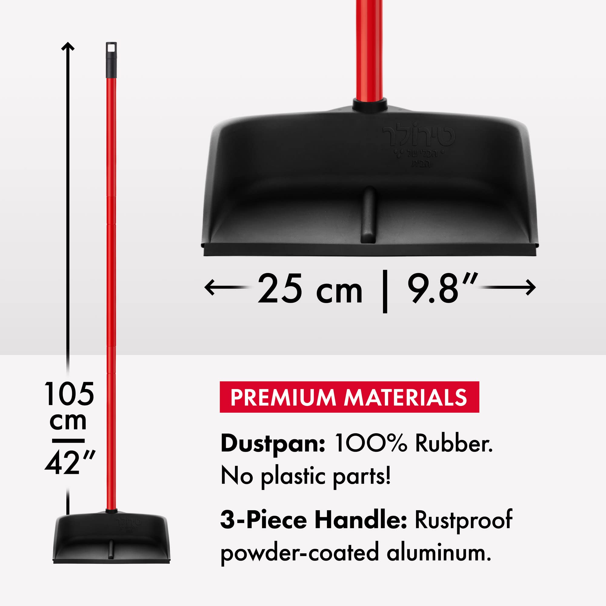 Tyroler Bright Tools Magic Dustpan with Handle - Solid 100% Natural Rubber Construction- New Aluminum Anti-Rust 105cm 3 Parts Long Handle Dust Pan- Stand Up Design- Accommodates Any Broom/Hand Brush