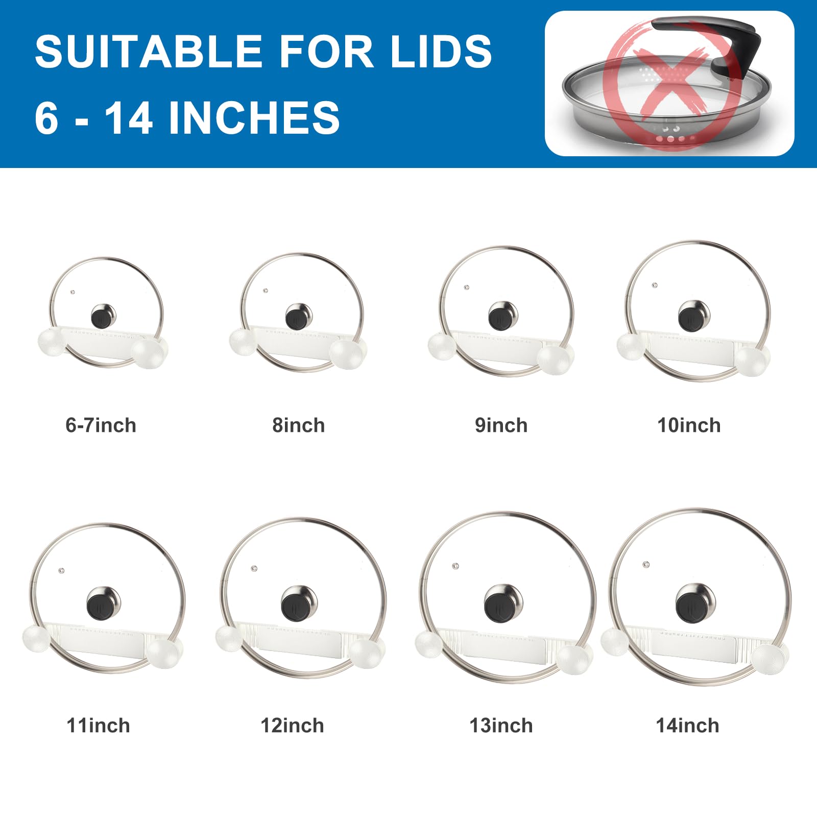 YONGJIA New Upgrade 4 Pack Adjustable Pot Lid Holder, Lid Organizer Fits 6" to 14" Lids, with Screw Hole Position and Sticky Wall Mounted Lid Storage Kitchen Cabinets, Cabinet Doors (WHITE)