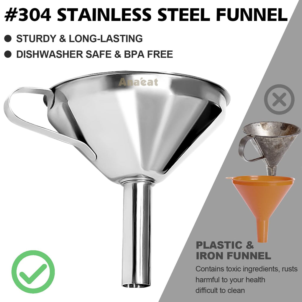Anaeat 3 Pack Stainless Steel Kitchen Funnel Set, Multi-Use Premium Metal Food-Grade Cooking Funnels with 2 Removable Strainer Filter for Liquid or Dry Ingredients, Oils, Spices & Cleaning Brush