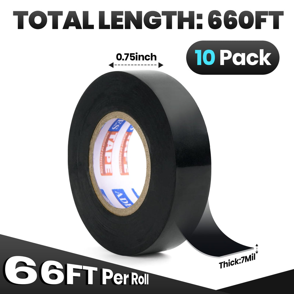 ADHES Professional Electrical Tape Black, 10 Pack, 0.75 inch x 65.6 feet, Waterproof & Weather Resistant Electric Tape Ideal for Contractors & Electricians, Indoor&Outdoor