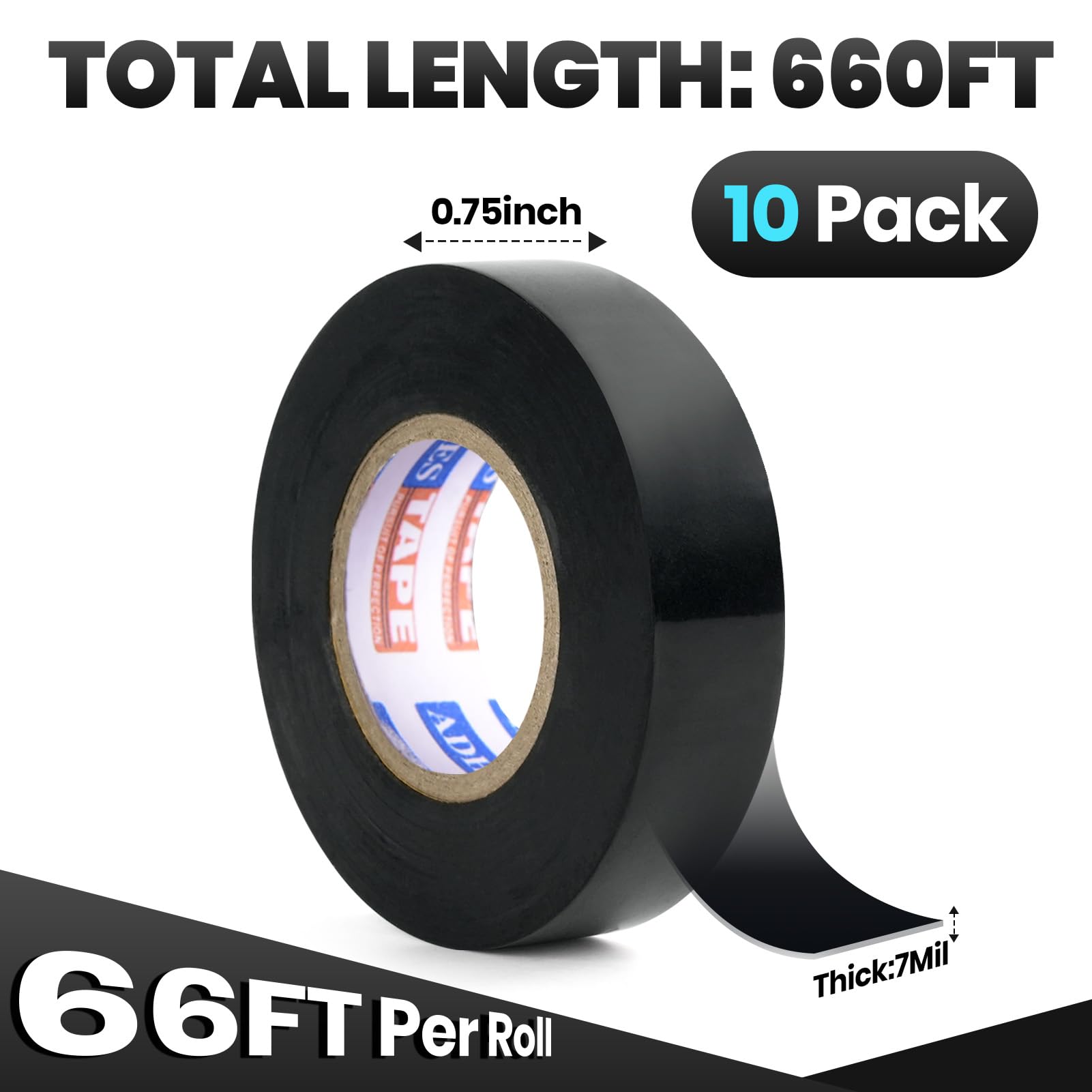 ADHES Professional Electrical Tape Black, 10 Pack, 0.75 inch x 65.6 feet, Waterproof & Weather Resistant Electric Tape Ideal for Contractors & Electricians, Indoor&Outdoor