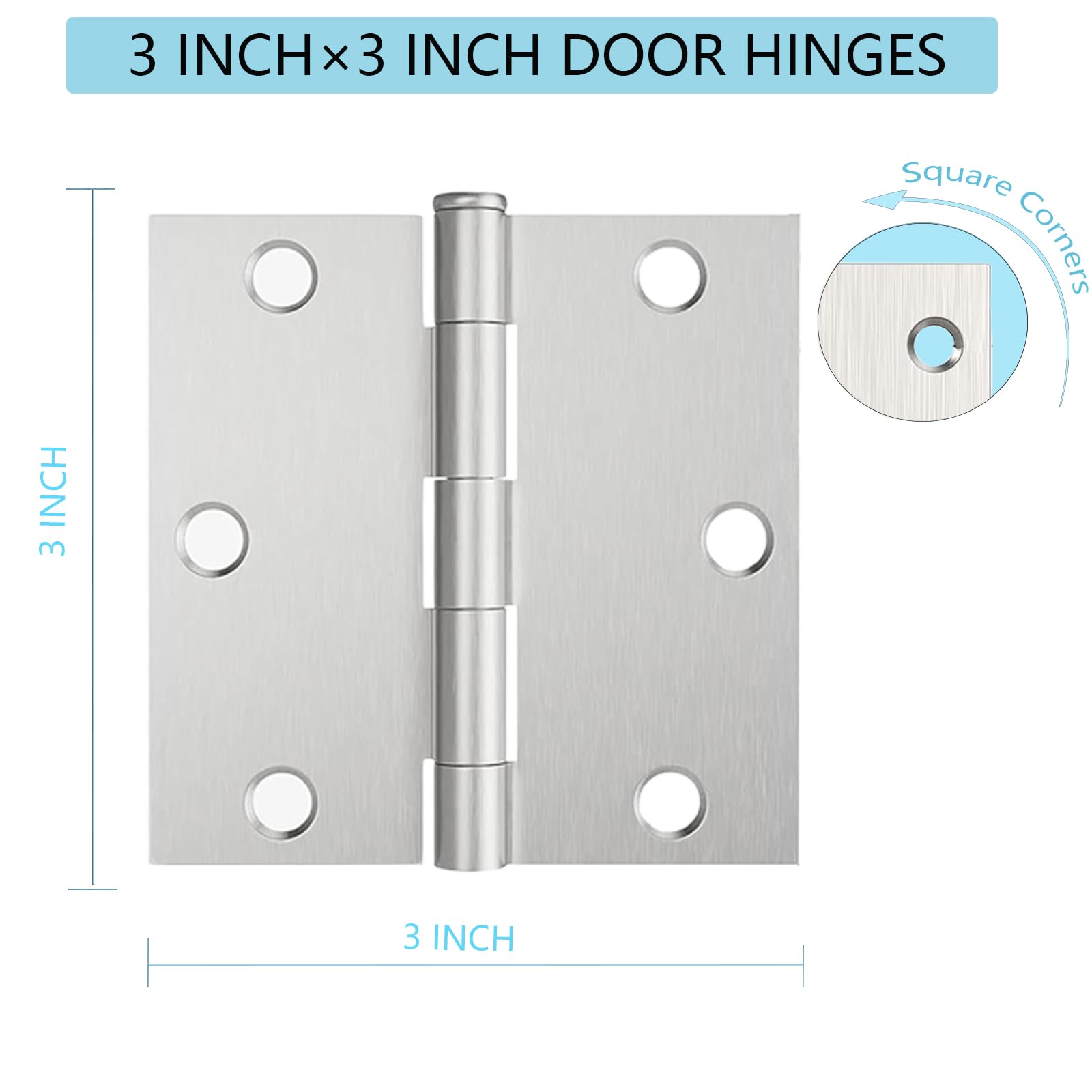 Brushed Nickle Door Hinges,6 Pack Exterior Hinges Doors,3x3 Inch Silver Interior Hinge Doors with Square Corners Durable Steel Hinge Door Hardware