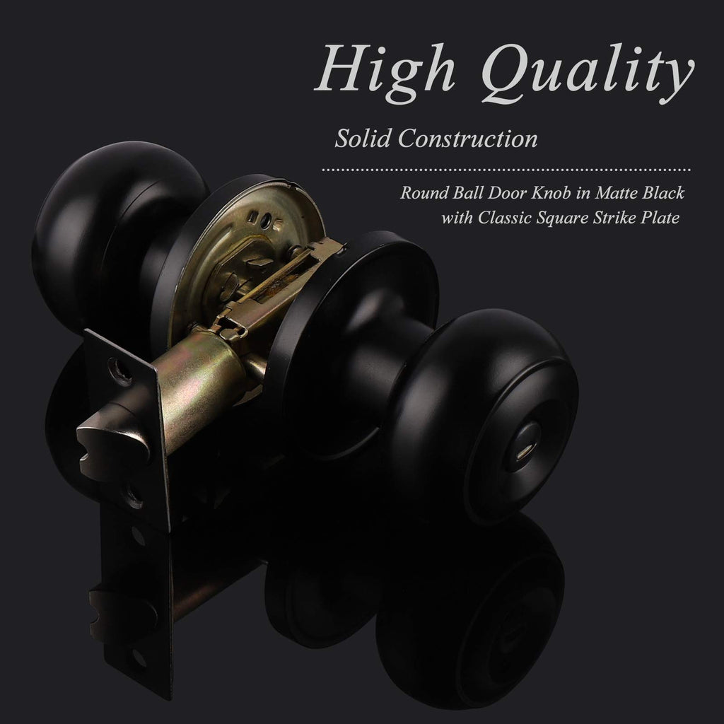 Probrico Interior Door Knobs Matte Black Finish, Standard Door Hardware, Indoor Door Handles Keyless, Privacy Door Lock for Bedroom/Bathroom Flat Ball Knob, 1 Pack