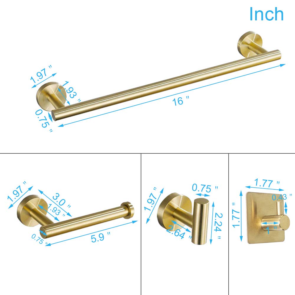 TocTen Bathroom Hardware Set SUS304 Stainless Steel-Towel Rack Set Include Hand Towel Bar+Toilet Paper Holder+3 Robe Towel Hooks Bathroom Accessories Towel Bar Set (Brushed Gold, 5 Pcs 16 Inch)