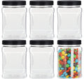 Lawei 6 Pack Clear Plastic Square Jars - 32 Oz Containers with Easy Grip Handles for Dry Goods, Cookies, Candy and More