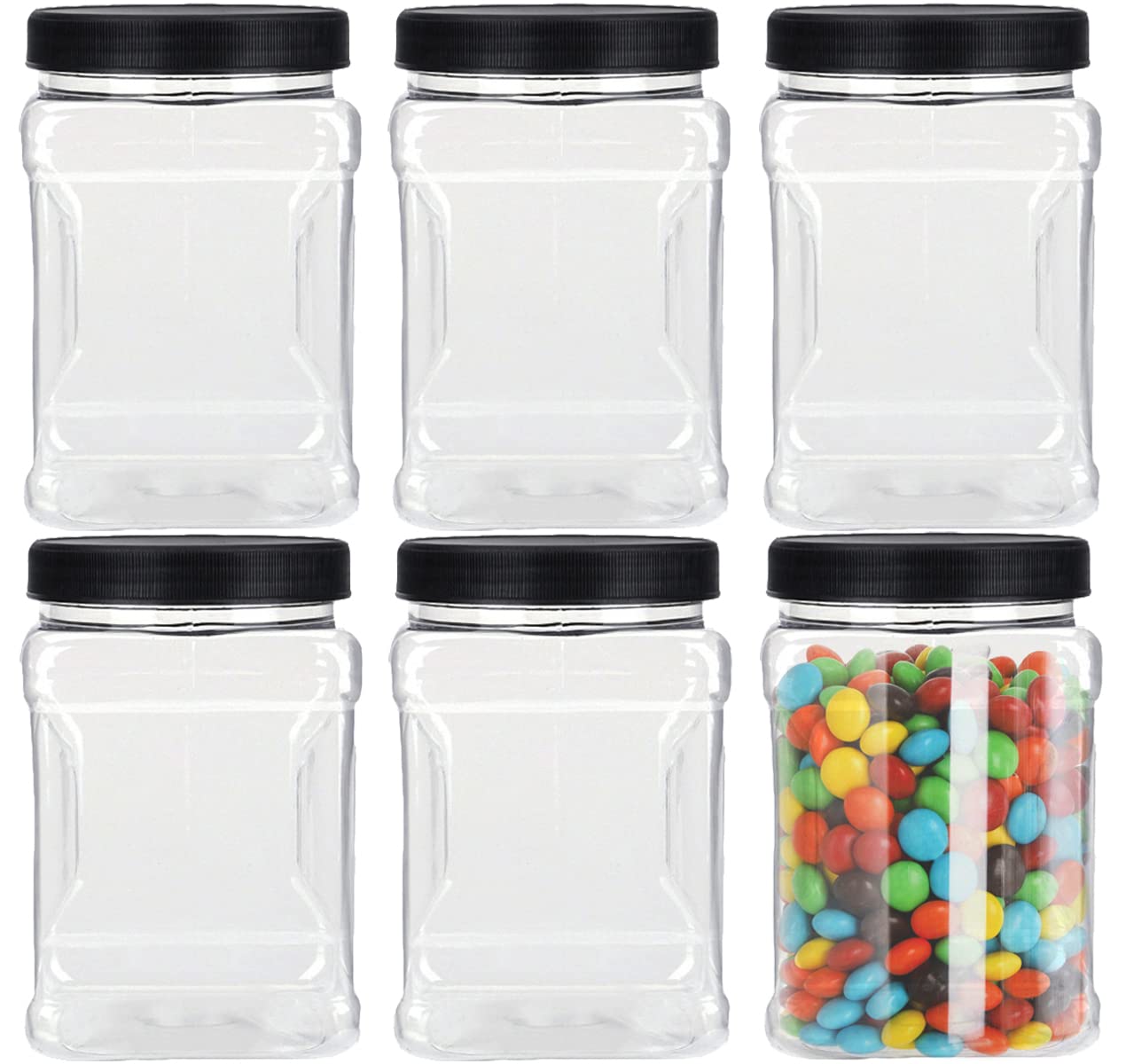 Lawei 6 Pack Clear Plastic Square Jars - 32 Oz Containers with Easy Grip Handles for Dry Goods, Cookies, Candy and More