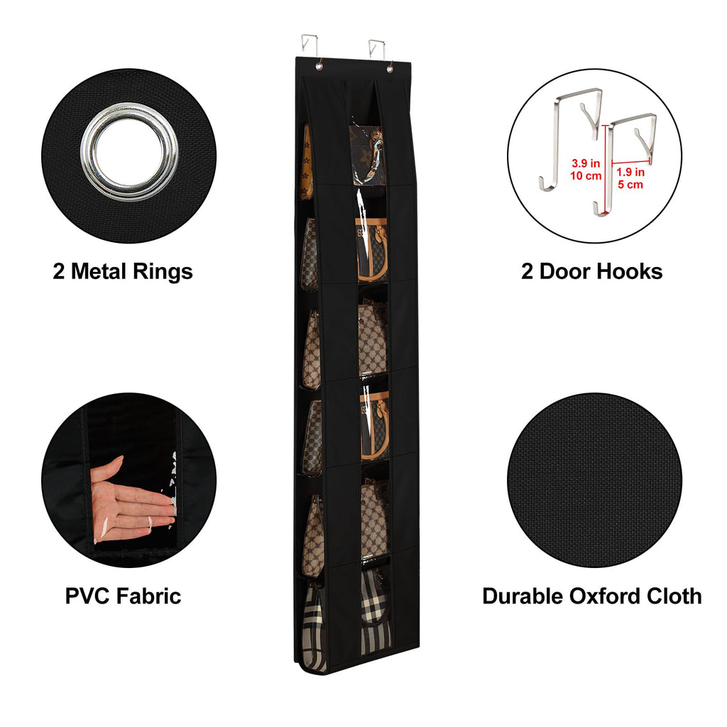 Lirex Over the Door Organizer, 2 Pack Handbag Storage with 6-Tier Space-Saving for Door or Closet, Handbag Hanger, Black