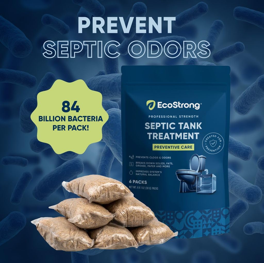 Septic Tank Treatment Packets | Enzyme Rapid Action Breaks Down Grease, Paper, Organic Solids - Controls Drain & Septic Odors - Eco Safe Sewage Backup Prevention (Pack of 6)