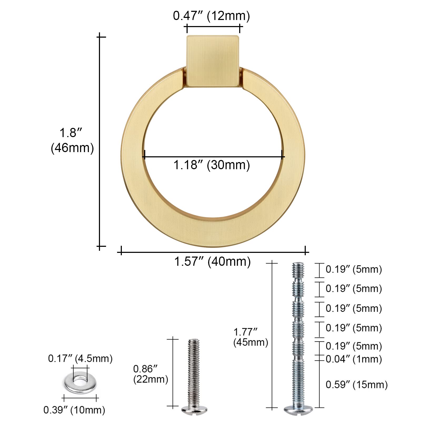 WEAVERBIRD Brushed Brass Finish Cabinet Knobs Gold Zinc Alloy Modern Kitchen Ring Pull Handles 1.57" Diameter Single Hole for Drawer - Pack of 10