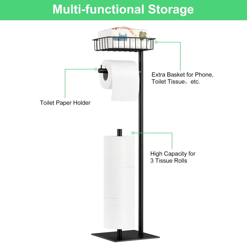 Toilet Paper Holder Stand Free Standing Toilet Paper Roll Holder with Storage Basket Industrial Tissue Holder Dispenser for Bathroom,Matte Black