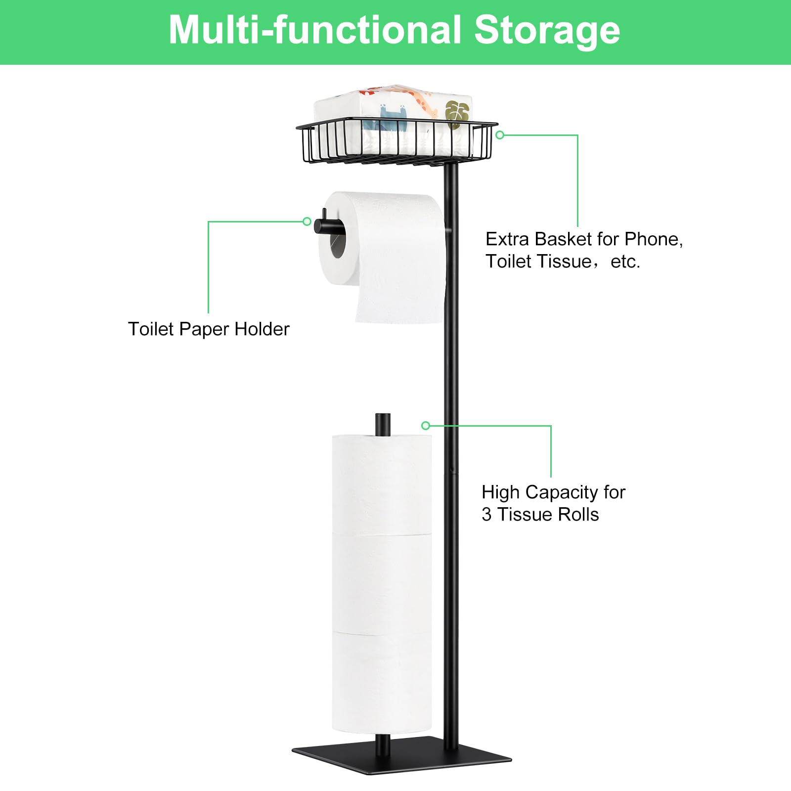 Toilet Paper Holder Stand Free Standing Toilet Paper Roll Holder with Storage Basket Industrial Tissue Holder Dispenser for Bathroom,Matte Black